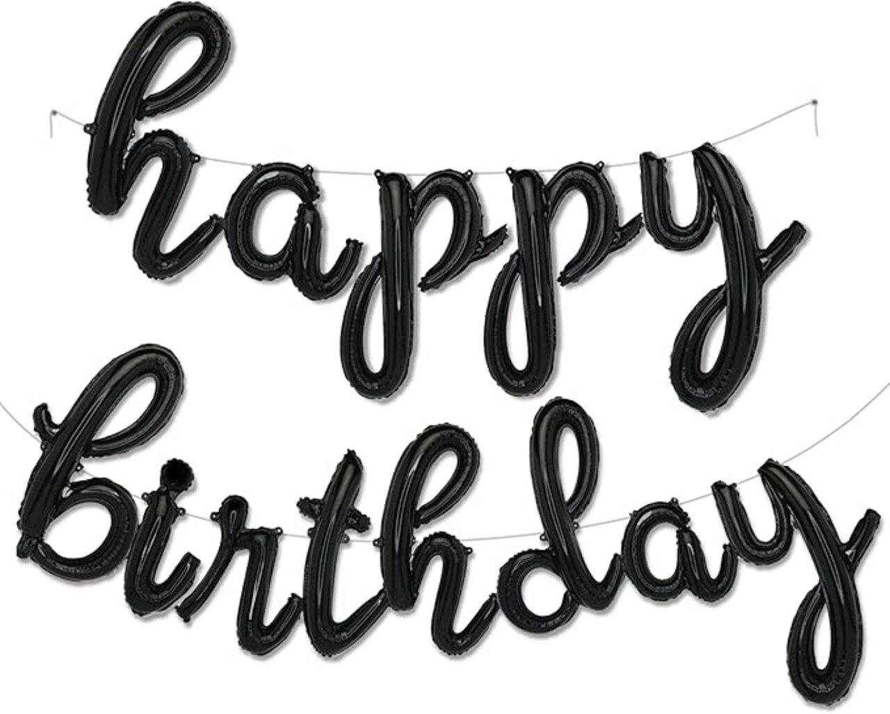 Black Happy Birthday Balloons Banner | Script/Cursive Silver Letter Balloon Sign for Birthday Party Decor/Decoration | Foil Mylar Happy Birthday Banner